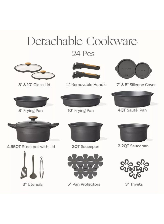 Carote 24-Piece Nonstick Cookware Set with Detachable Handle, Stackable Pots & Pans, PFOA-Free Aluminum Healthy Cooking Set with Pour Spouts, All Kitchen Stovetop Compatible, Dishwasher Safe (Black) - Image 2
